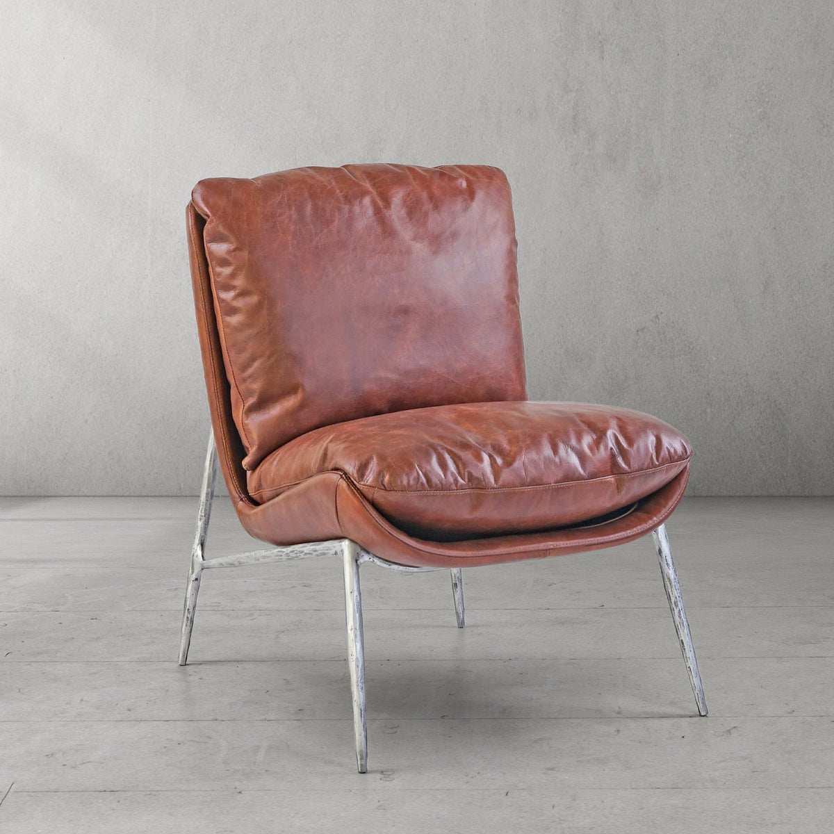 Hand-Forged Metal Vintage Leather Armrest Lounge Chair