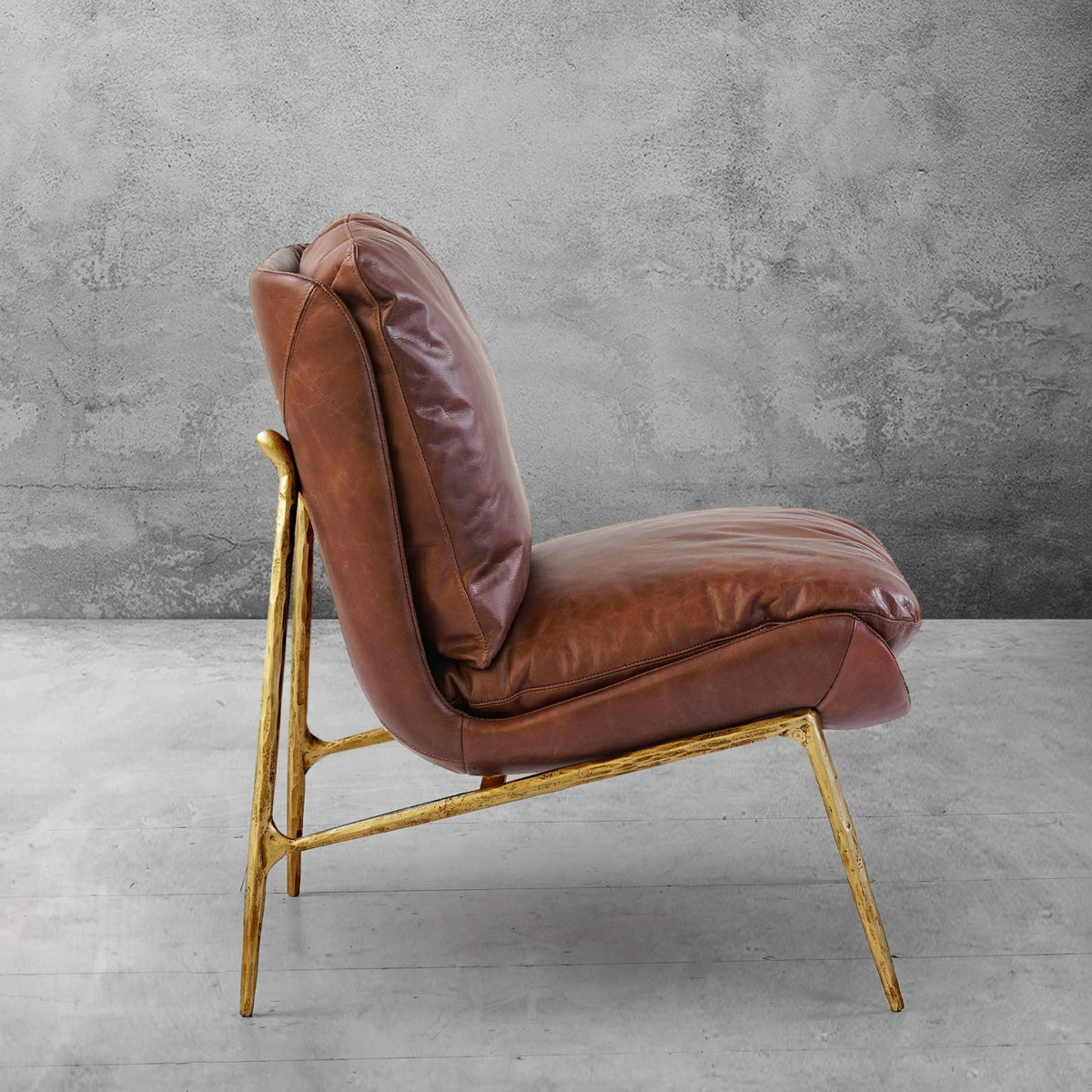 Hand-Forged Metal Vintage Leather Armrest Lounge Chair