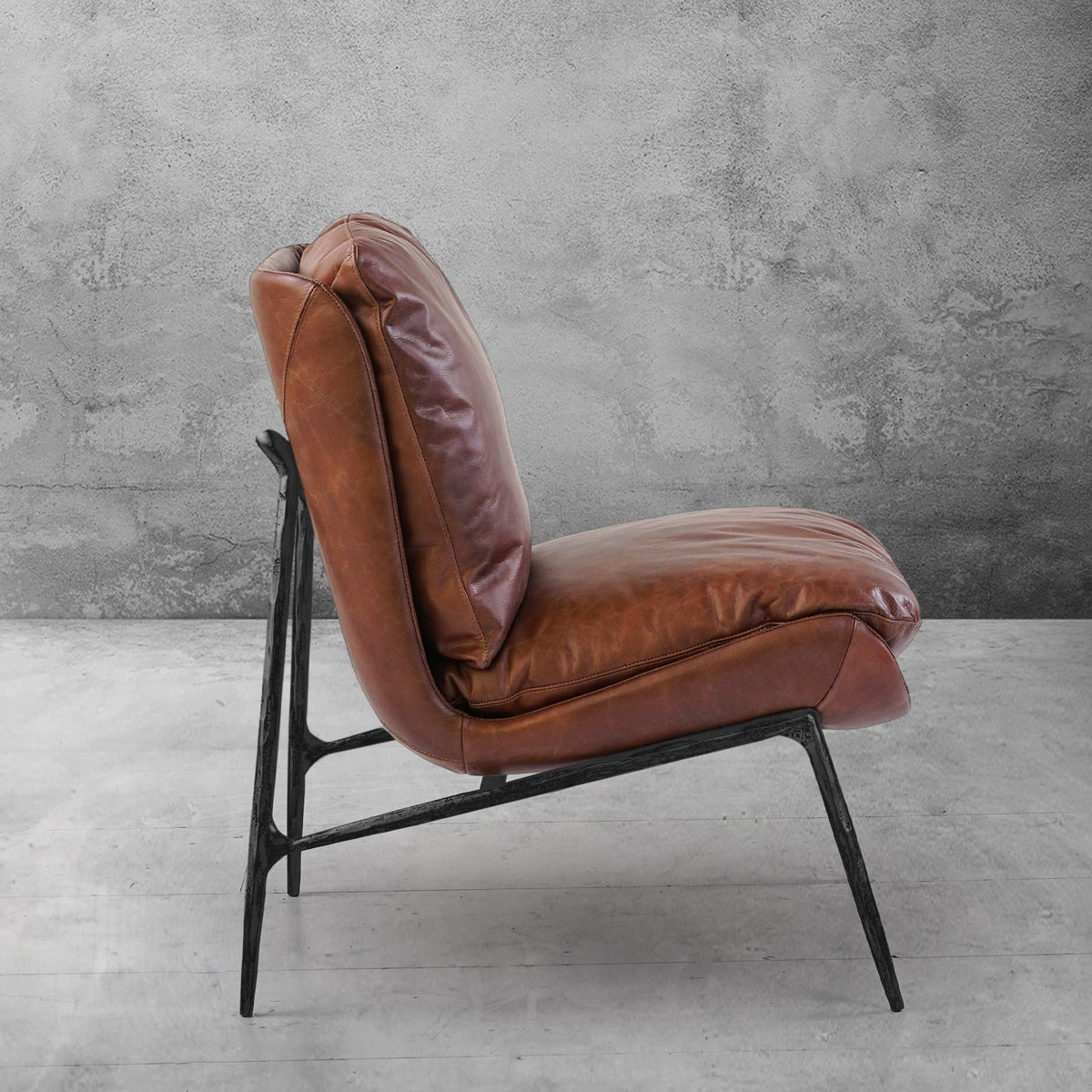 Hand-Forged Metal Vintage Leather Armrest Lounge Chair
