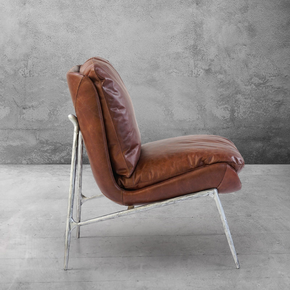 Hand-Forged Metal Vintage Leather Armrest Lounge Chair