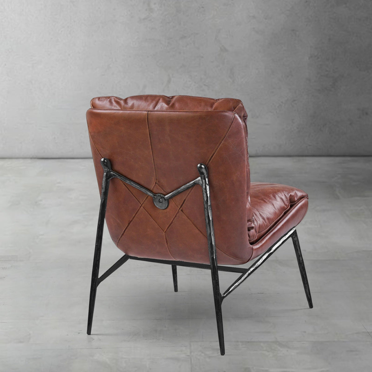 Hand-Forged Metal Vintage Leather Armrest Lounge Chair