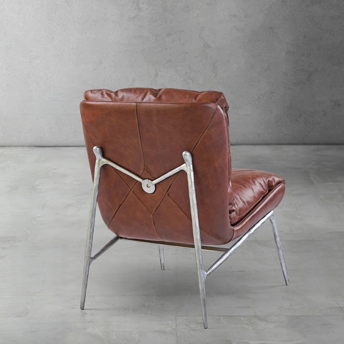Hand-Forged Metal Vintage Leather Armrest Lounge Chair