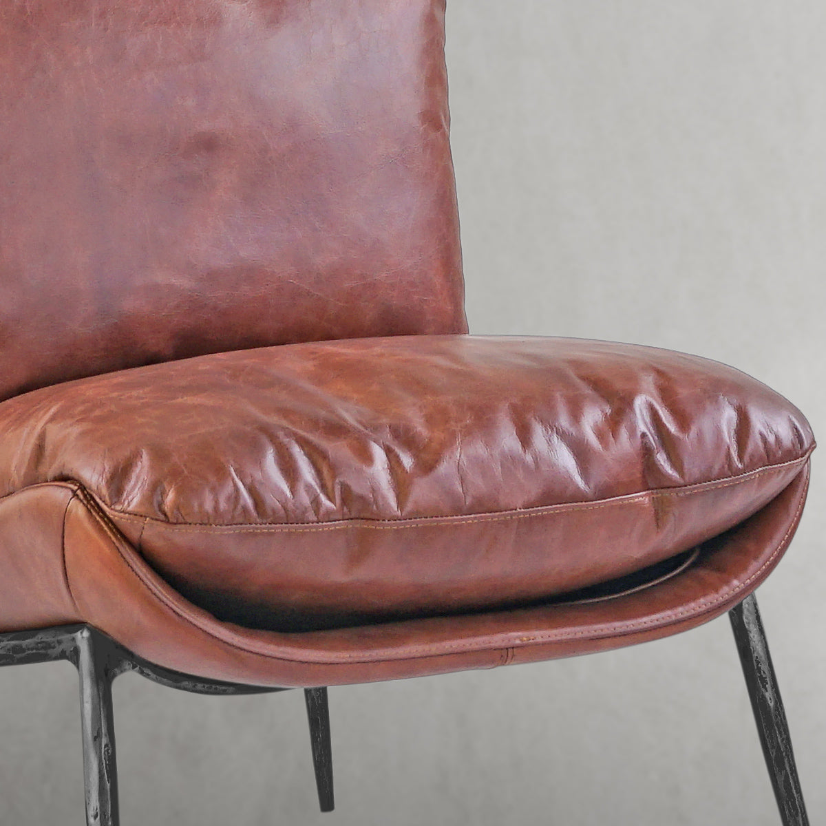 Hand-Forged Metal Vintage Leather Armrest Lounge Chair