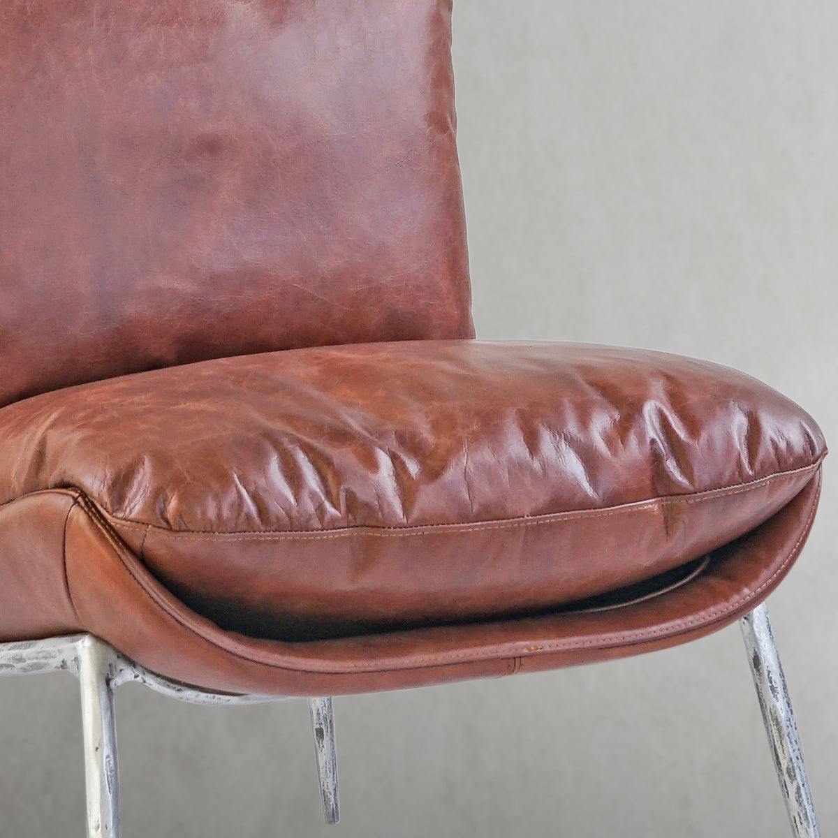 Hand-Forged Metal Vintage Leather Armrest Lounge Chair