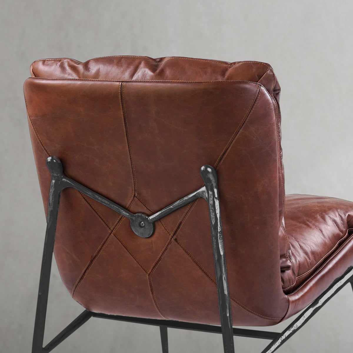 Hand-Forged Metal Vintage Leather Armrest Lounge Chair