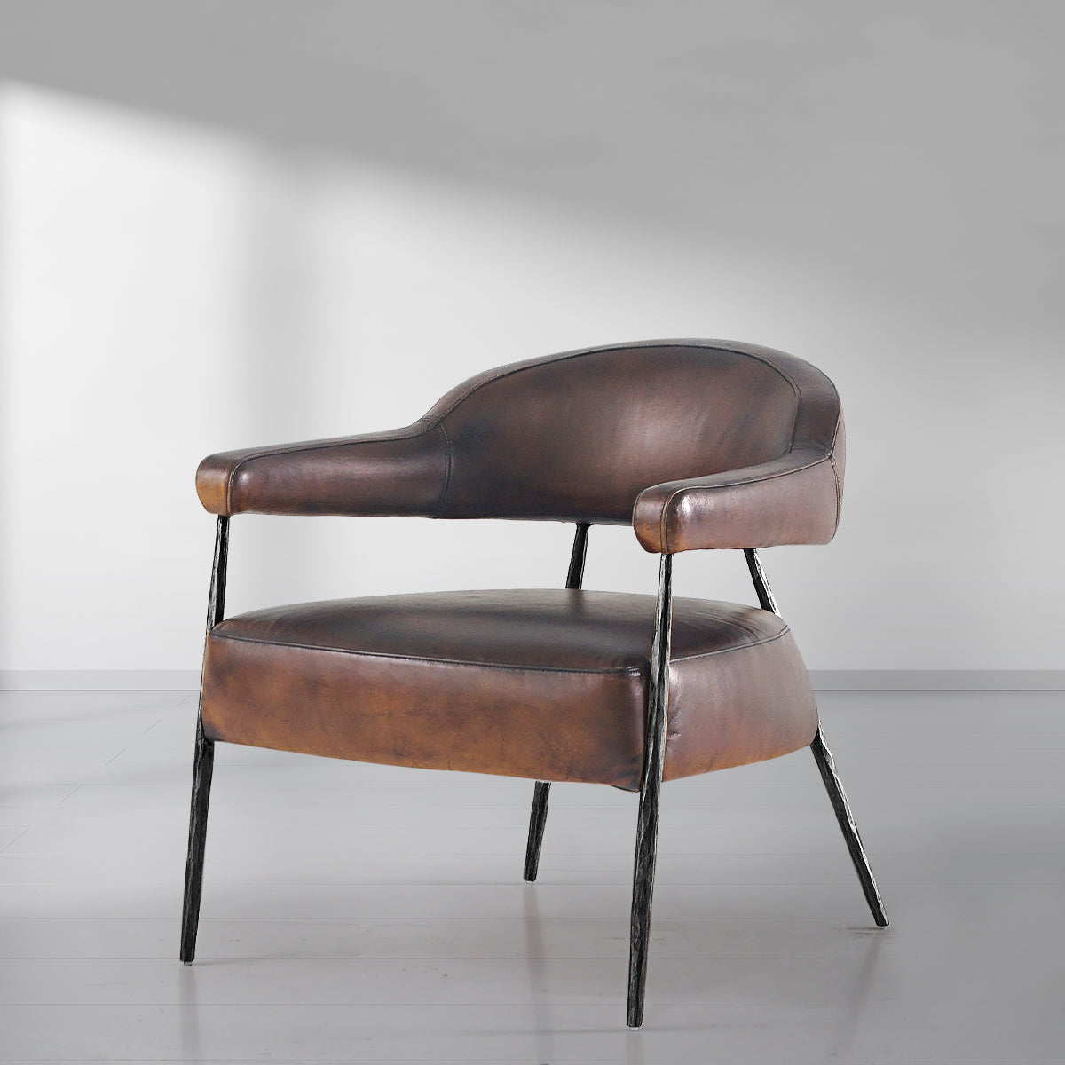 Hand-Forged Metal Brown Leather Lounge Armchair