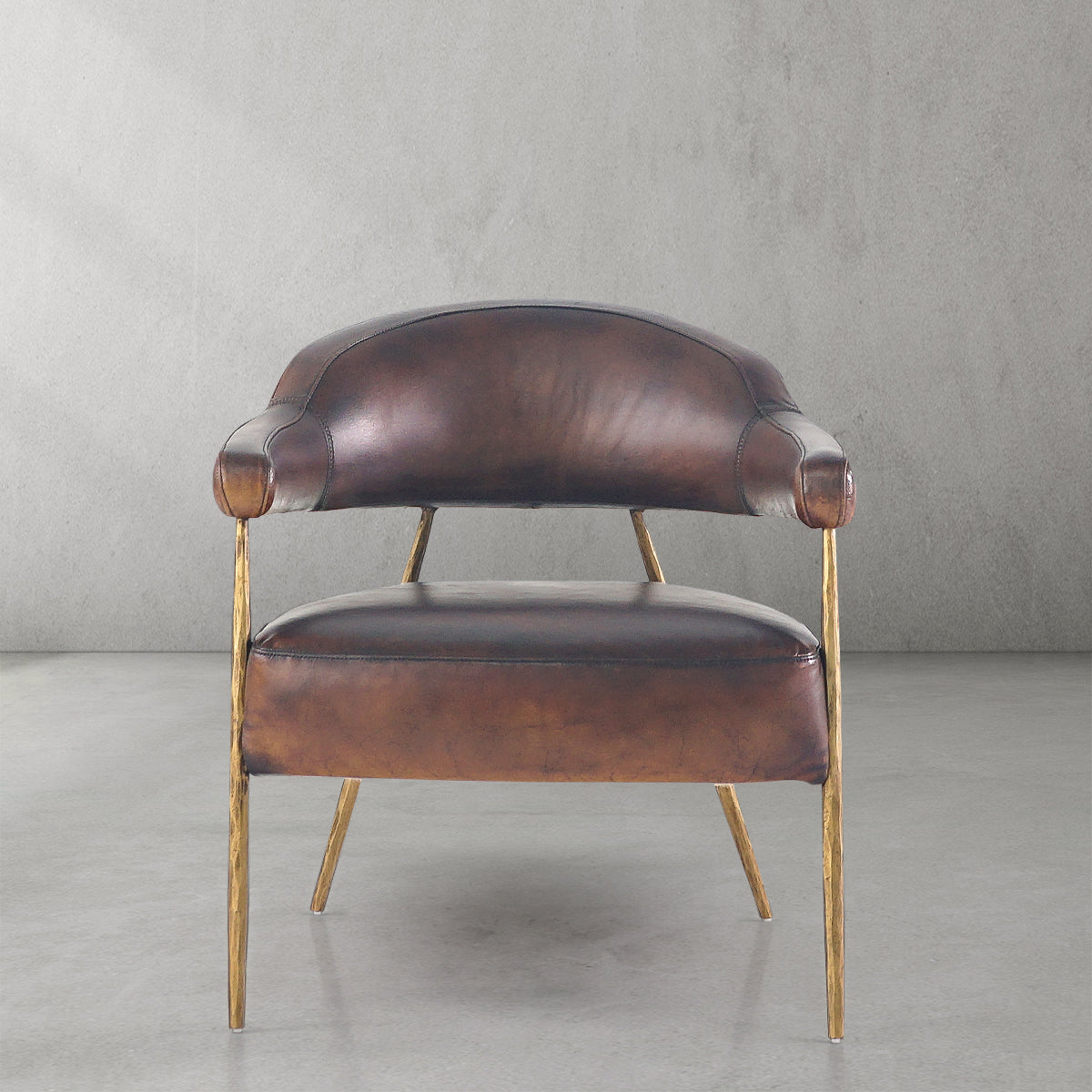 Hand-Forged Metal Brown Leather Lounge Armchair