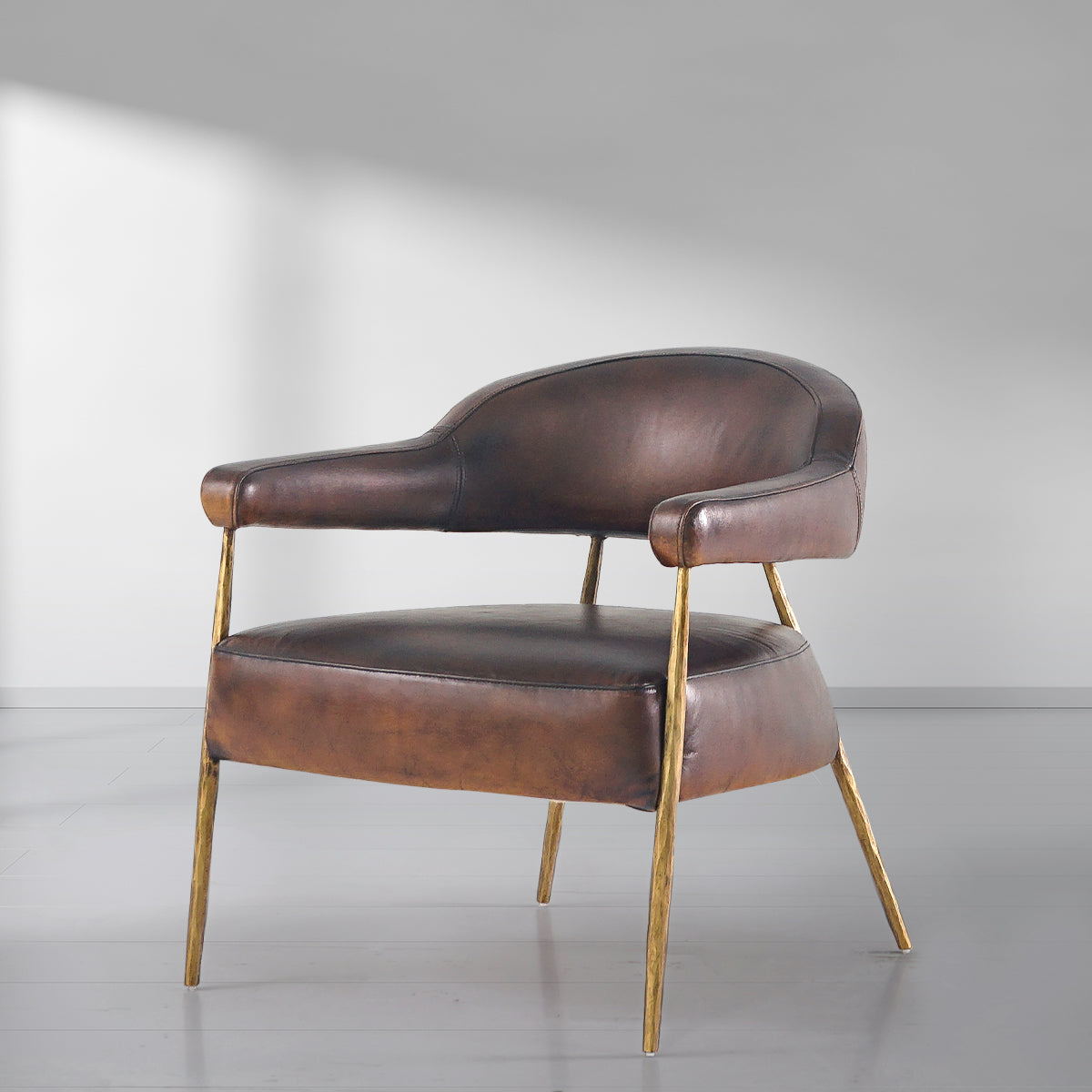 Hand-Forged Metal Brown Leather Lounge Armchair