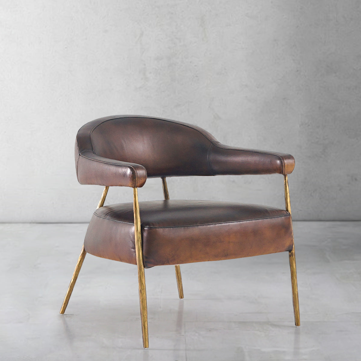 Hand-Forged Metal Brown Leather Lounge Armchair