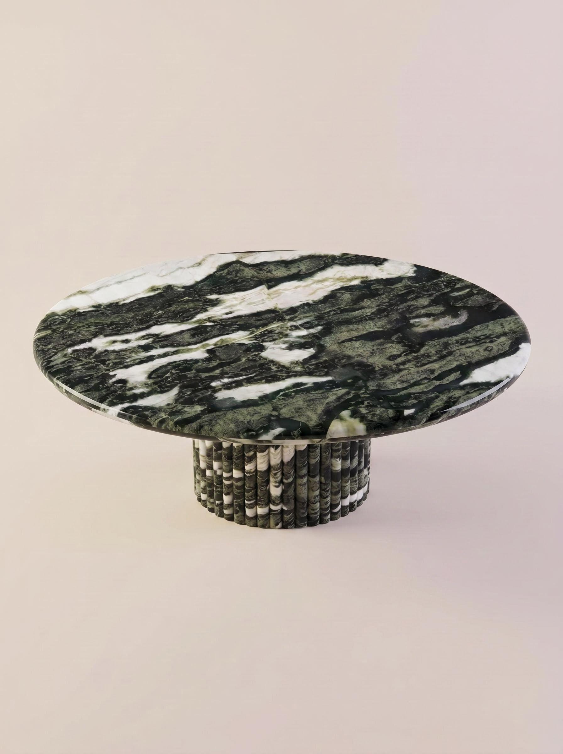 Luxury Green Forest Marble Petal Base Round Coffee Table | Sculptural Natural Stone Center Table