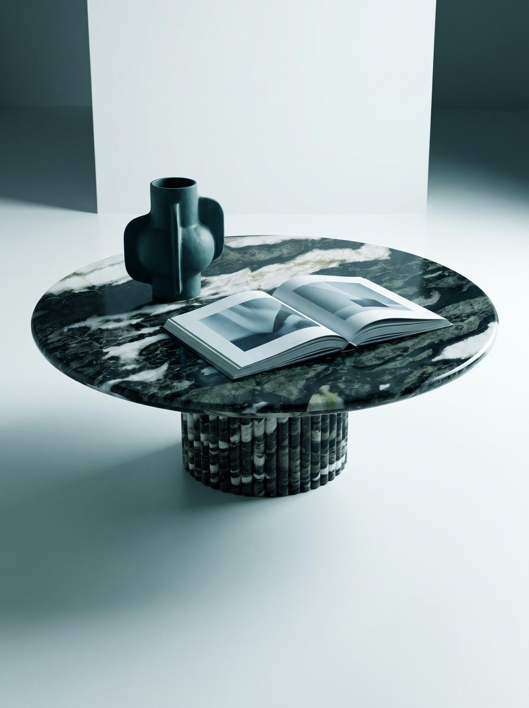 Luxury Green Forest Marble Petal Base Round Coffee Table | Sculptural Natural Stone Center Table
