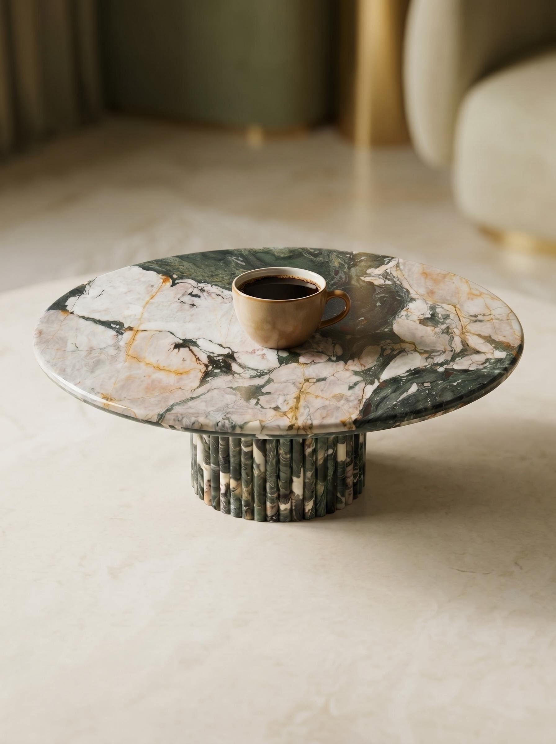 Les Quatre Saisons Natural Marble Round Coffee Table with Organic Petal Pedestal Base | Luxury Stone Furniture