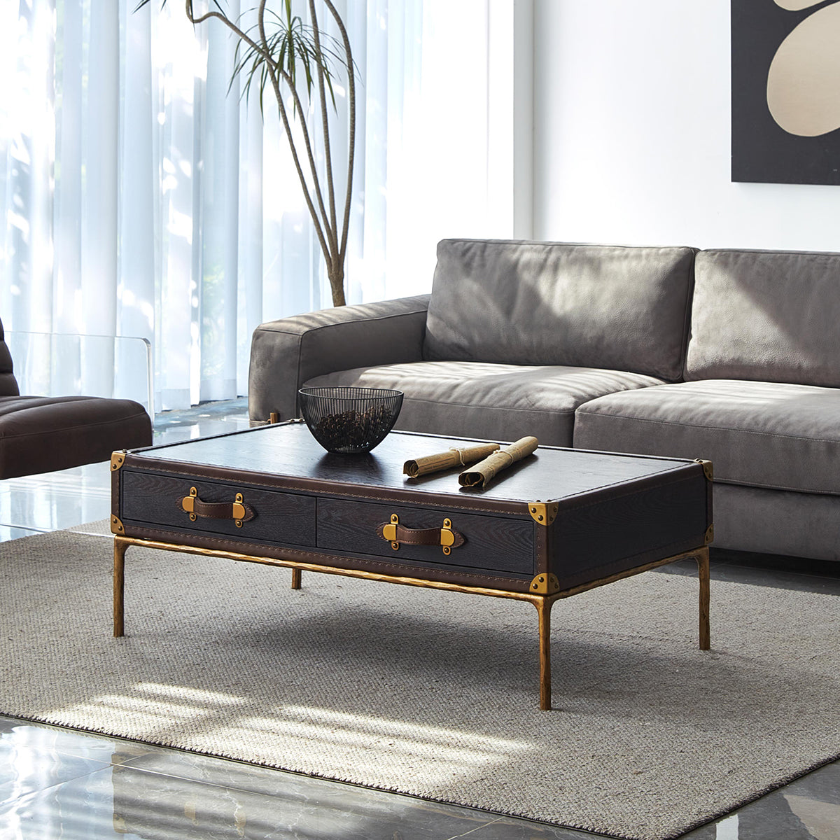 Hand-Forged Metal Vintage Leather Square Coffee Table