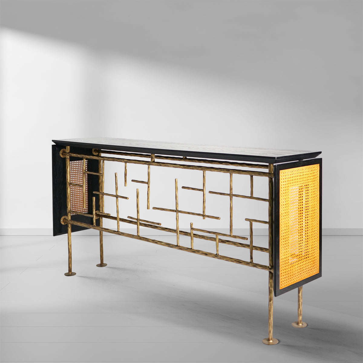 Hand-Forged Metal Metal Frame Rattan Console Table