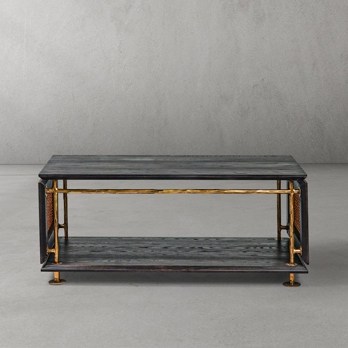 Hand-Forged Metal Vintage Rattan Wooden Coffee Table