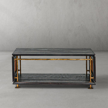 Hand-Forged Metal Vintage Rattan Wooden Coffee Table