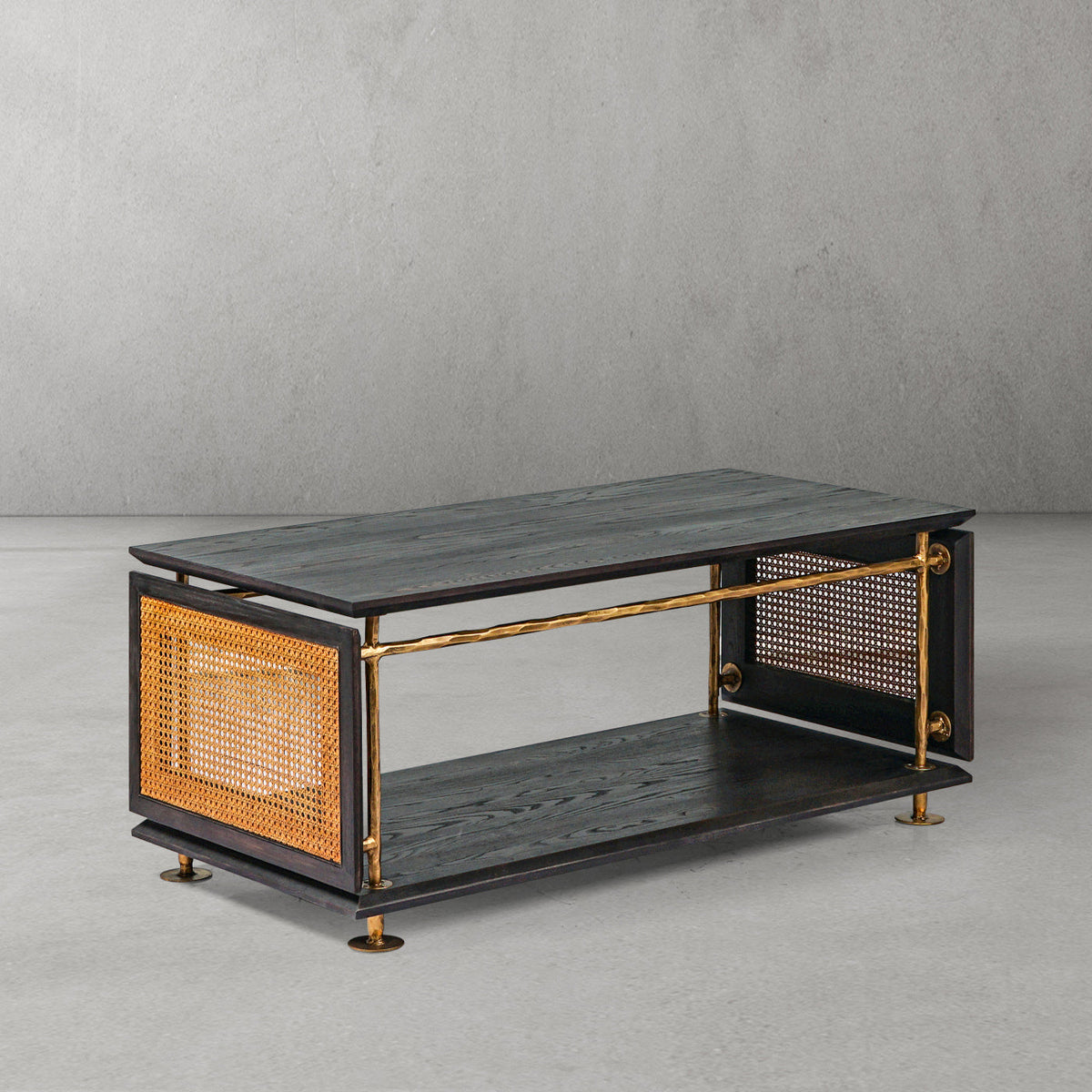 Hand-Forged Metal Vintage Rattan Wooden Coffee Table