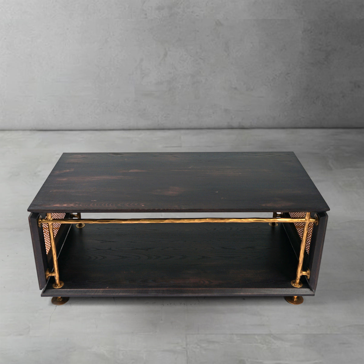 Hand-Forged Metal Vintage Rattan Wooden Coffee Table