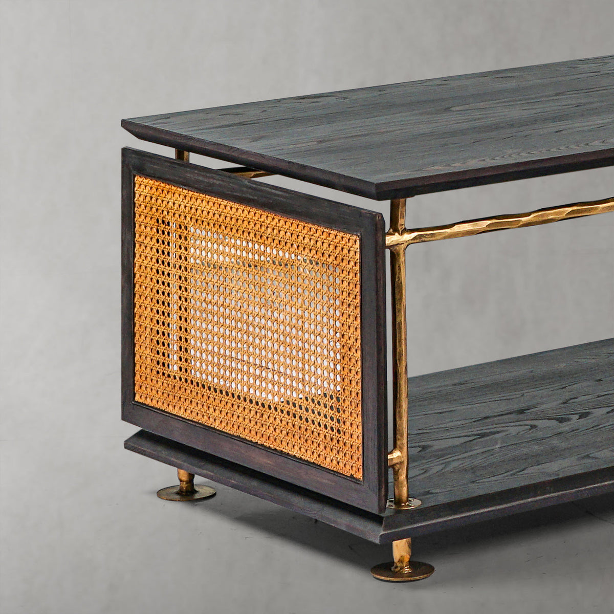 Hand-Forged Metal Vintage Rattan Wooden Coffee Table