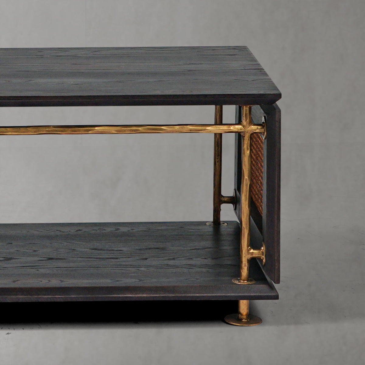 Hand-Forged Metal Vintage Rattan Wooden Coffee Table