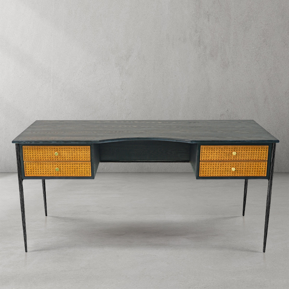 Hand-Forged Metal Retro Brass Iron Frame Rattan Desk