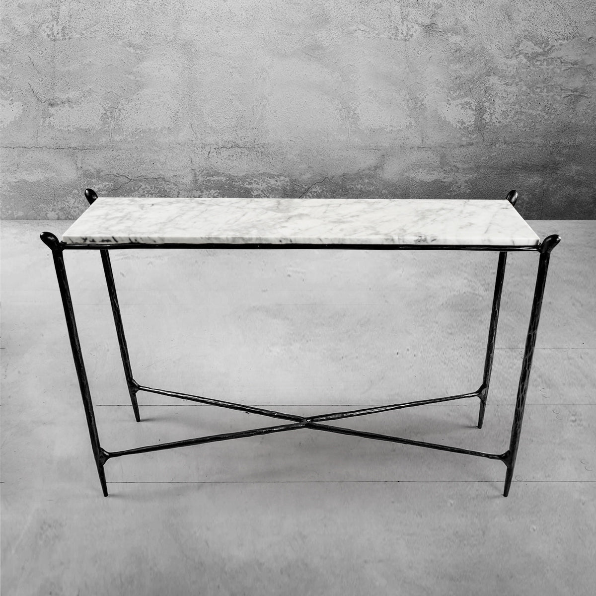 Hand-Forged Metal Rectangle Horn Marble Console Table