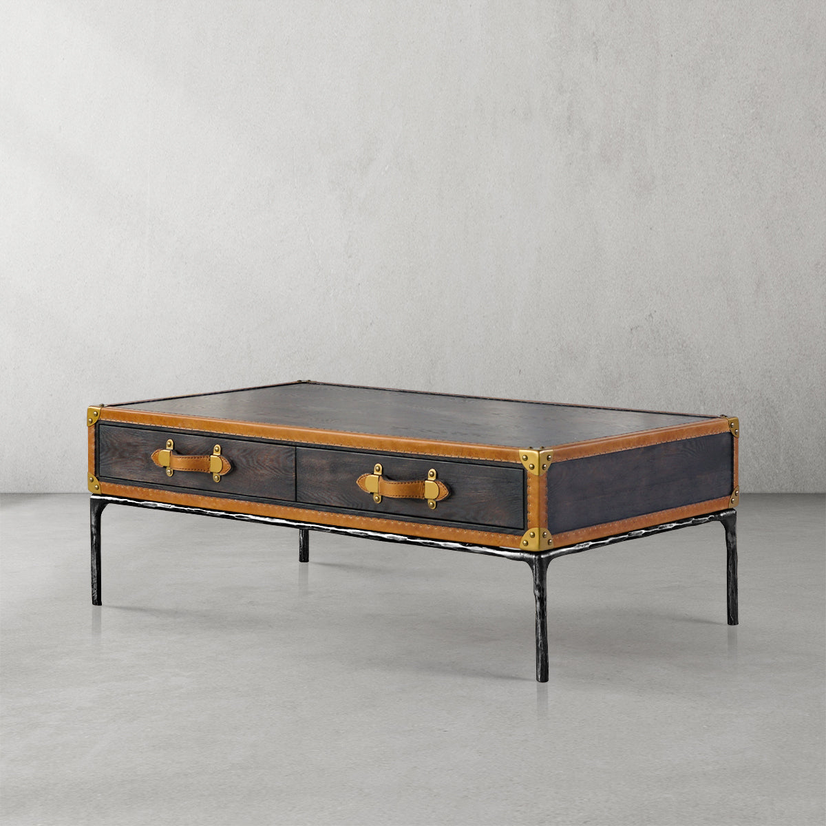 Hand-Forged Metal Vintage Leather Square Coffee Table