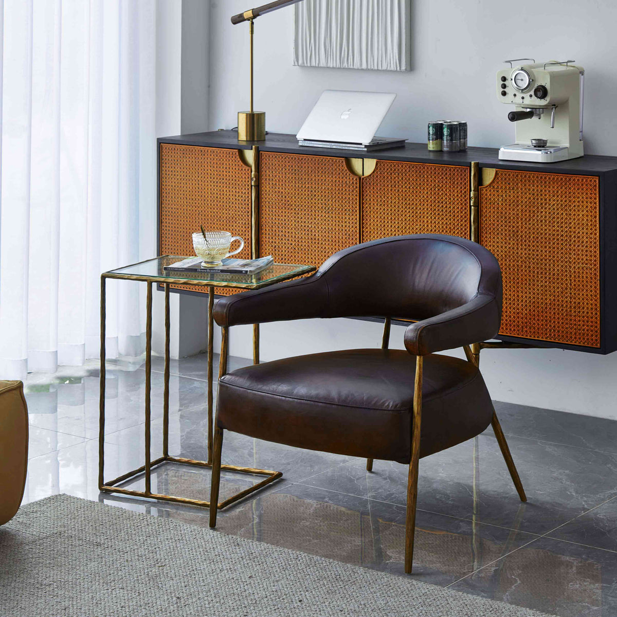 Hand-Forged Metal Brown Leather Lounge Armchair