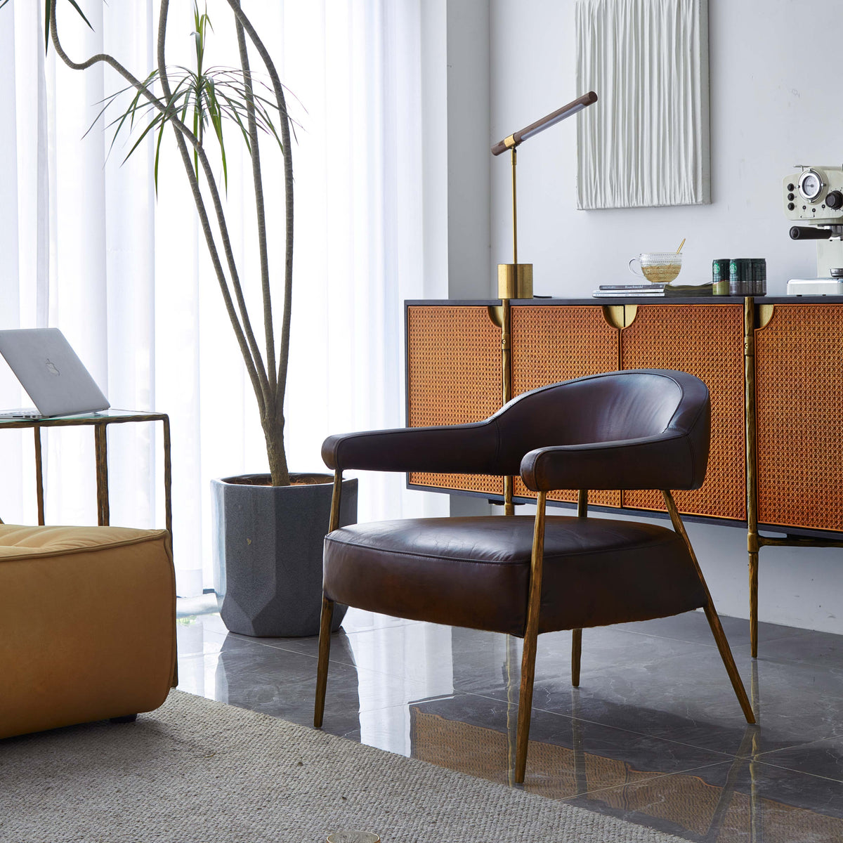 Hand-Forged Metal Brown Leather Lounge Armchair
