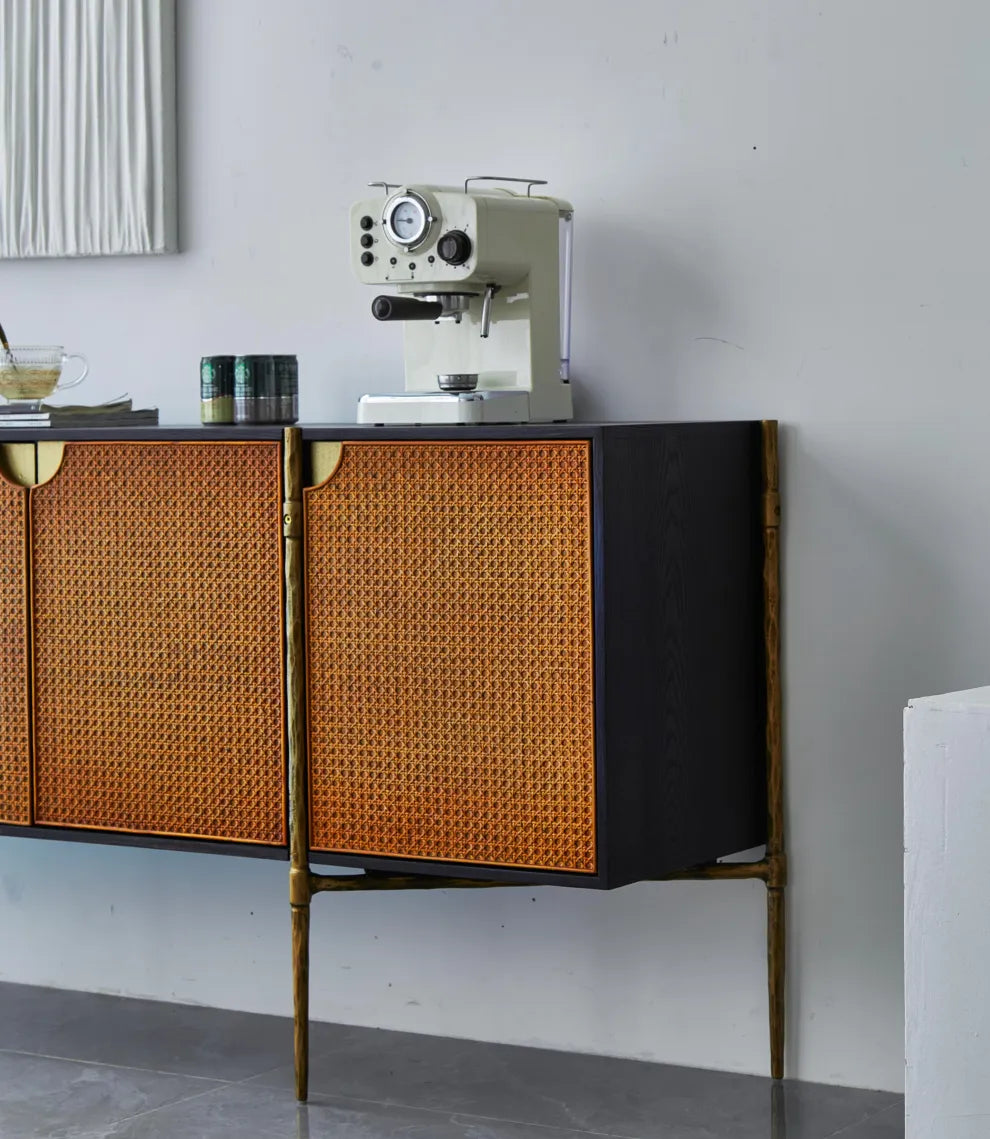 Hand-Forged Metal Metal Frame Rattan Long Side Cabinet