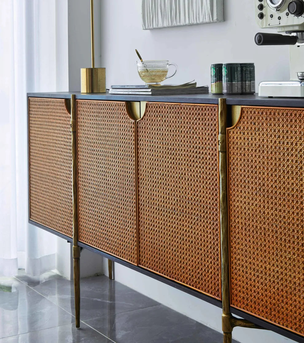 Hand-Forged Metal Metal Frame Rattan Long Side Cabinet