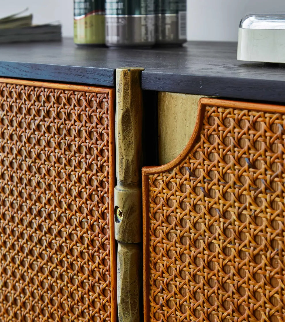 Hand-Forged Metal Metal Frame Rattan Long Side Cabinet