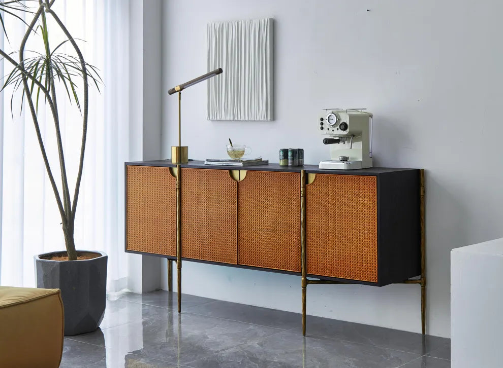 Hand-Forged Metal Metal Frame Rattan Long Side Cabinet