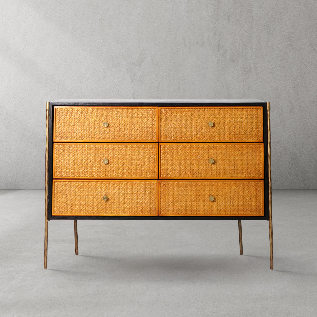 Hand-Forged Metal Metal Frame Rattan 6-Drawer Side Cabinet