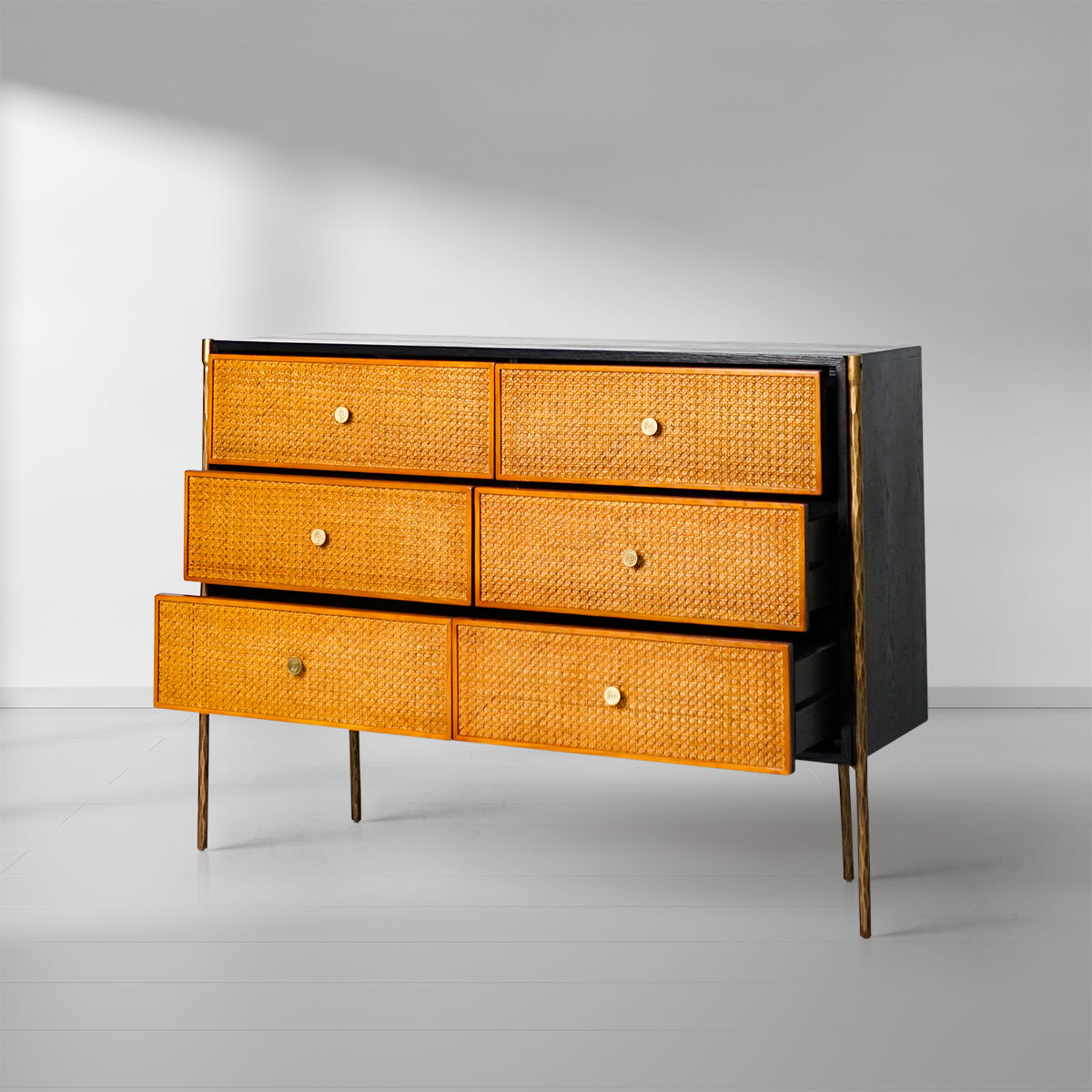 Hand-Forged Metal Metal Frame Rattan 6-Drawer Side Cabinet
