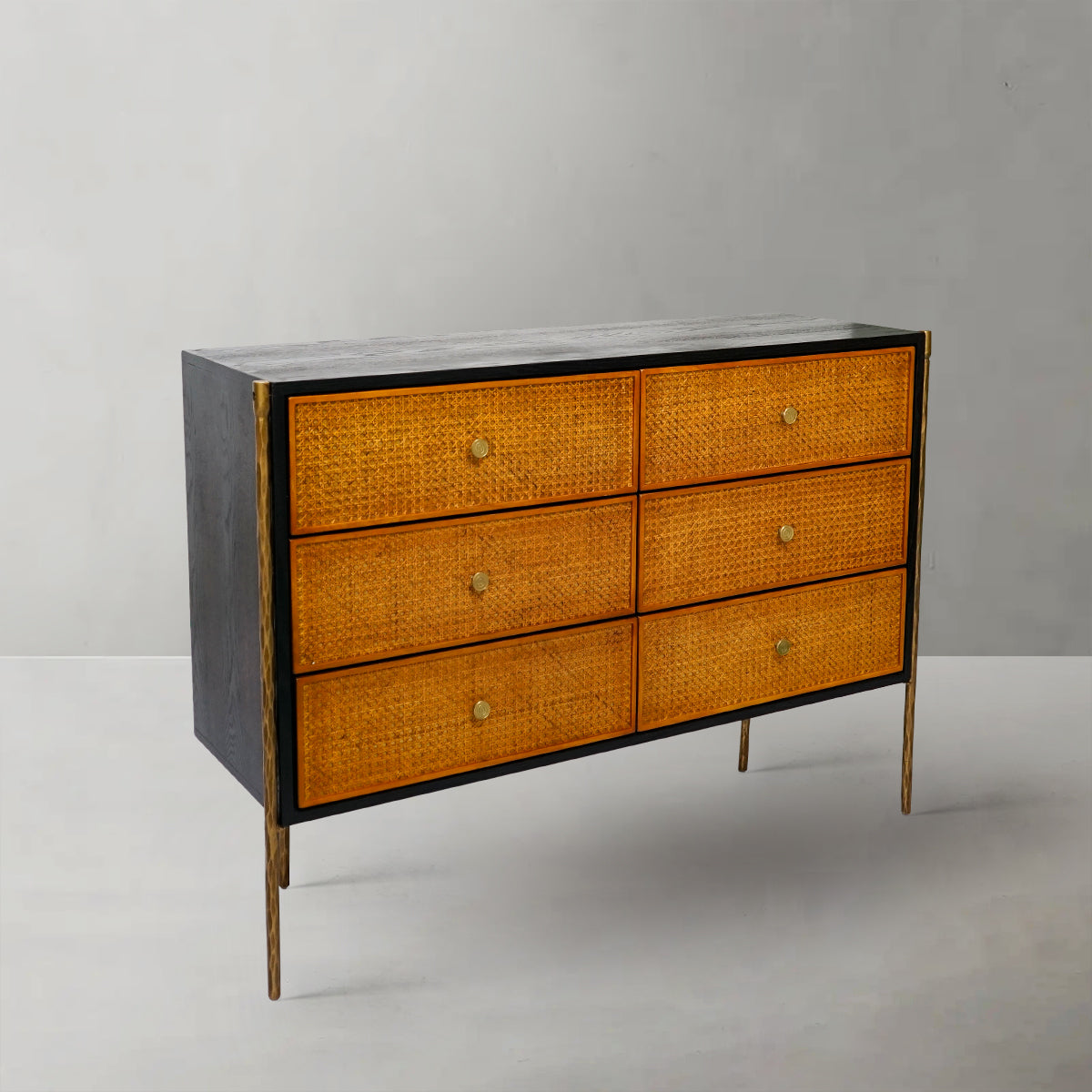 Hand-Forged Metal Metal Frame Rattan 6-Drawer Side Cabinet