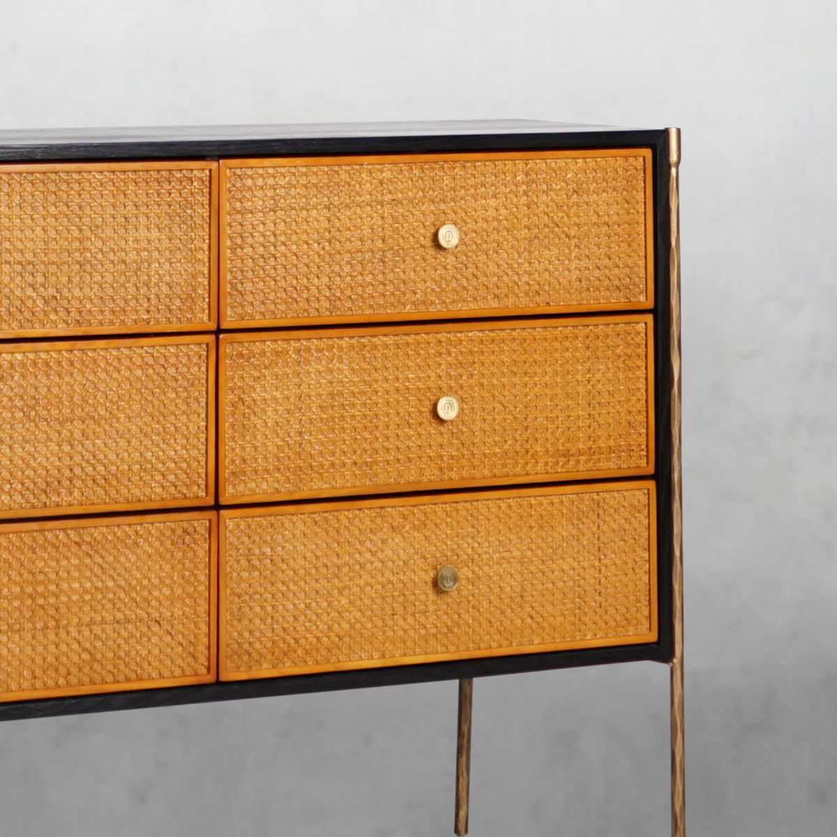 Hand-Forged Metal Metal Frame Rattan 6-Drawer Side Cabinet