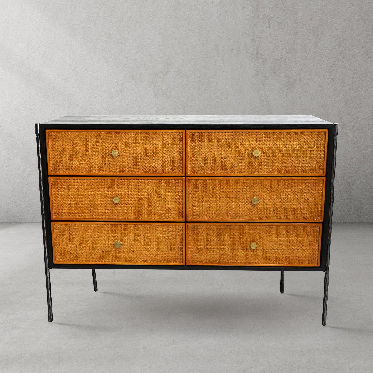 Hand-Forged Metal Metal Frame Rattan 6-Drawer Side Cabinet