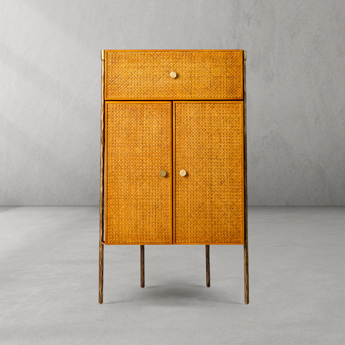 Hand-Forged Metal Metal Frame Rattan Side Cabinet
