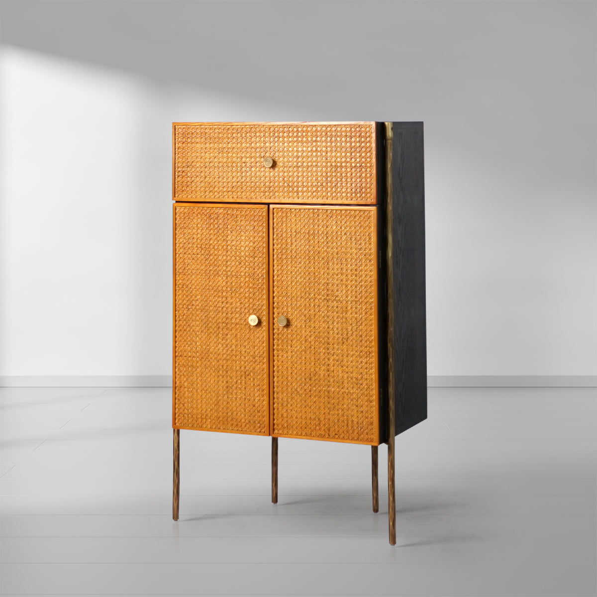 Hand-Forged Metal Metal Frame Rattan Side Cabinet