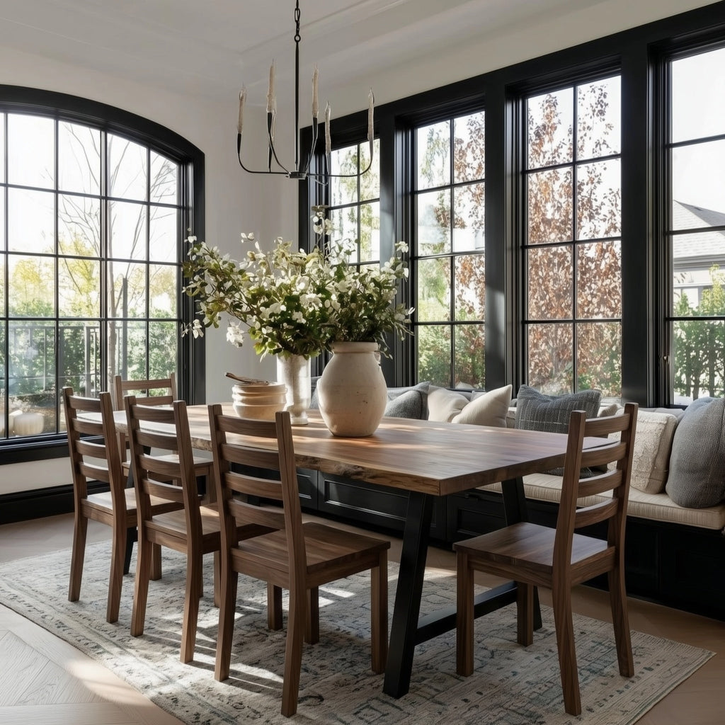 Dining room with wooden table and chairs, large windows, and a chandelier.
