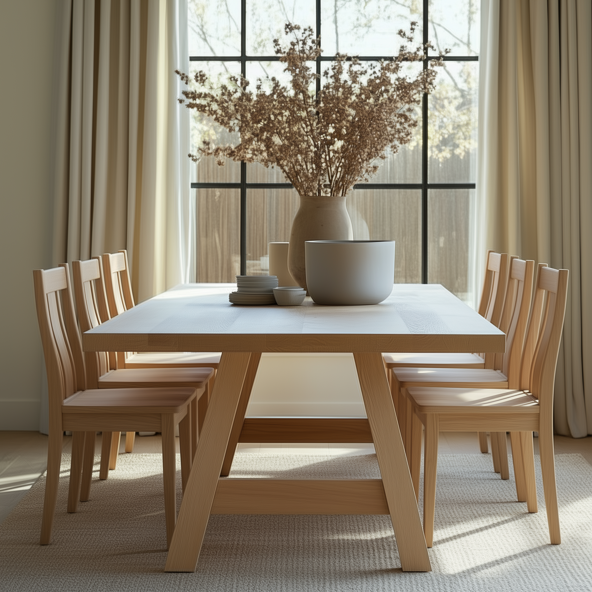 Dining room with wooden table and chairs, large window, and decorative elements.