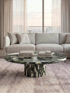 Luxury Green Forest Marble Petal Base Round Coffee Table | Sculptural Natural Stone Center Table