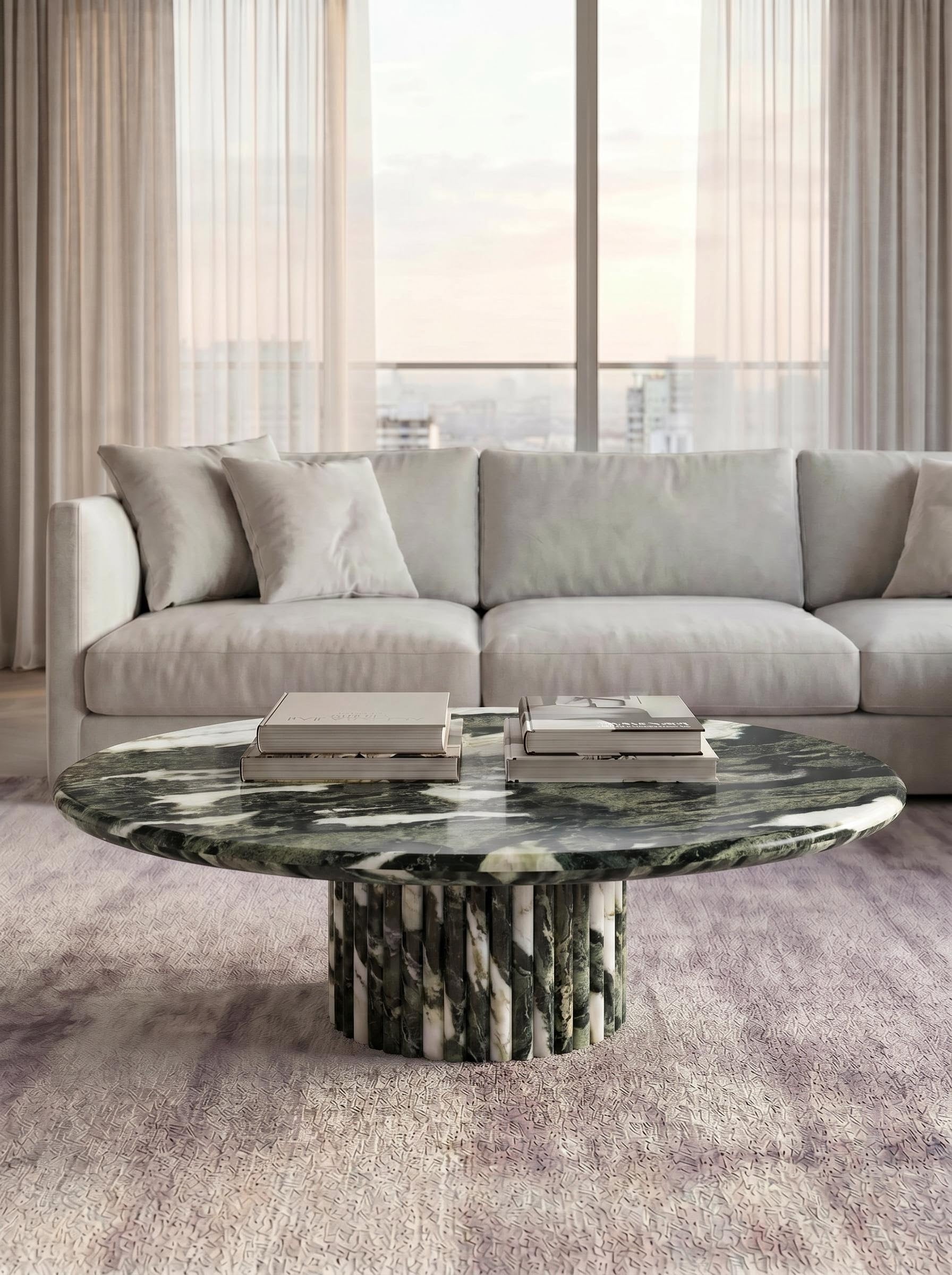 Luxury Green Forest Marble Petal Base Round Coffee Table | Sculptural Natural Stone Center Table