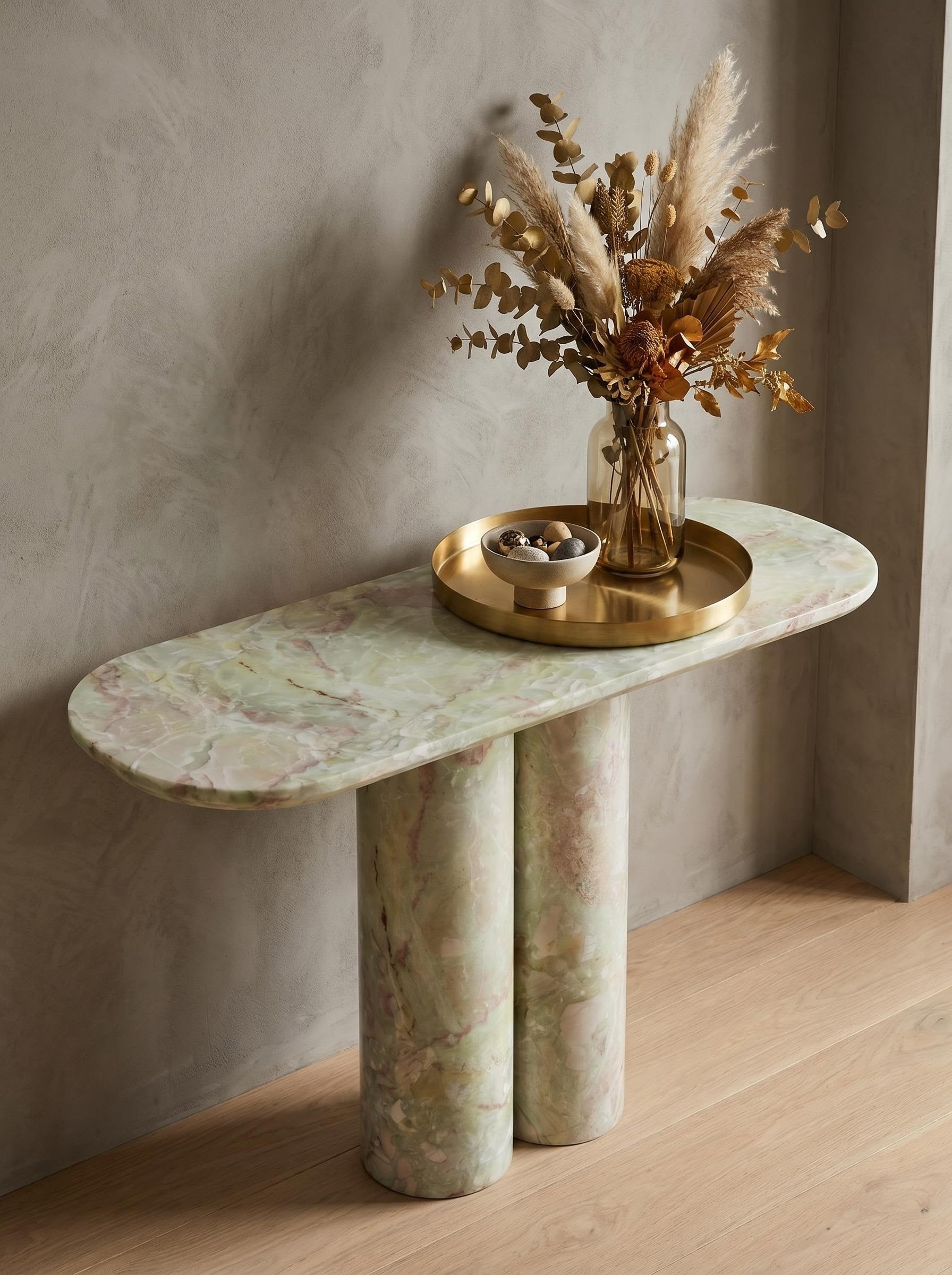 Light Green Natural Marble Double Column Oval Console Table, Luxury Entryway Accent Table for Home Decor
