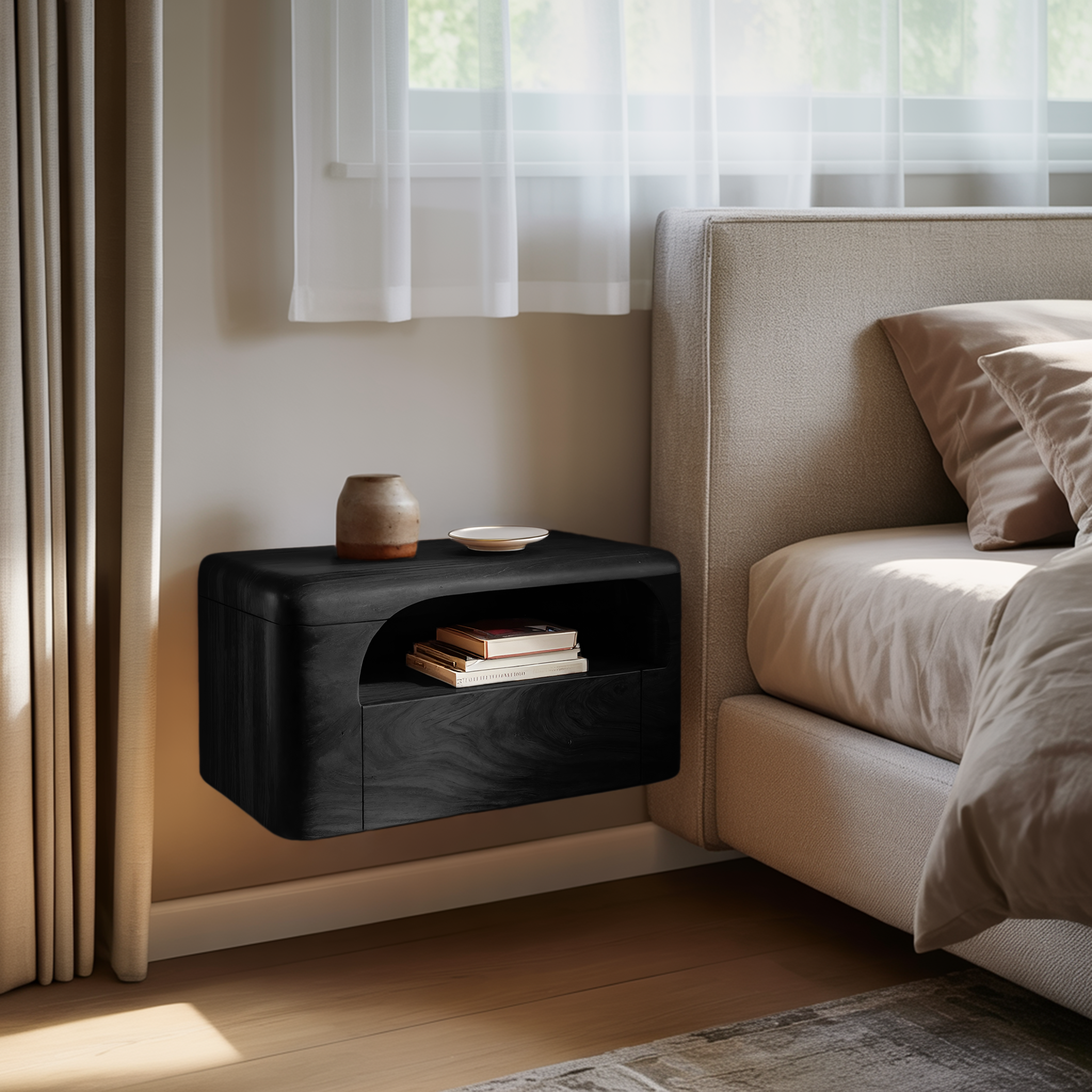 Organic Wall Mounted Bedside Table With Drawer For Bedroom