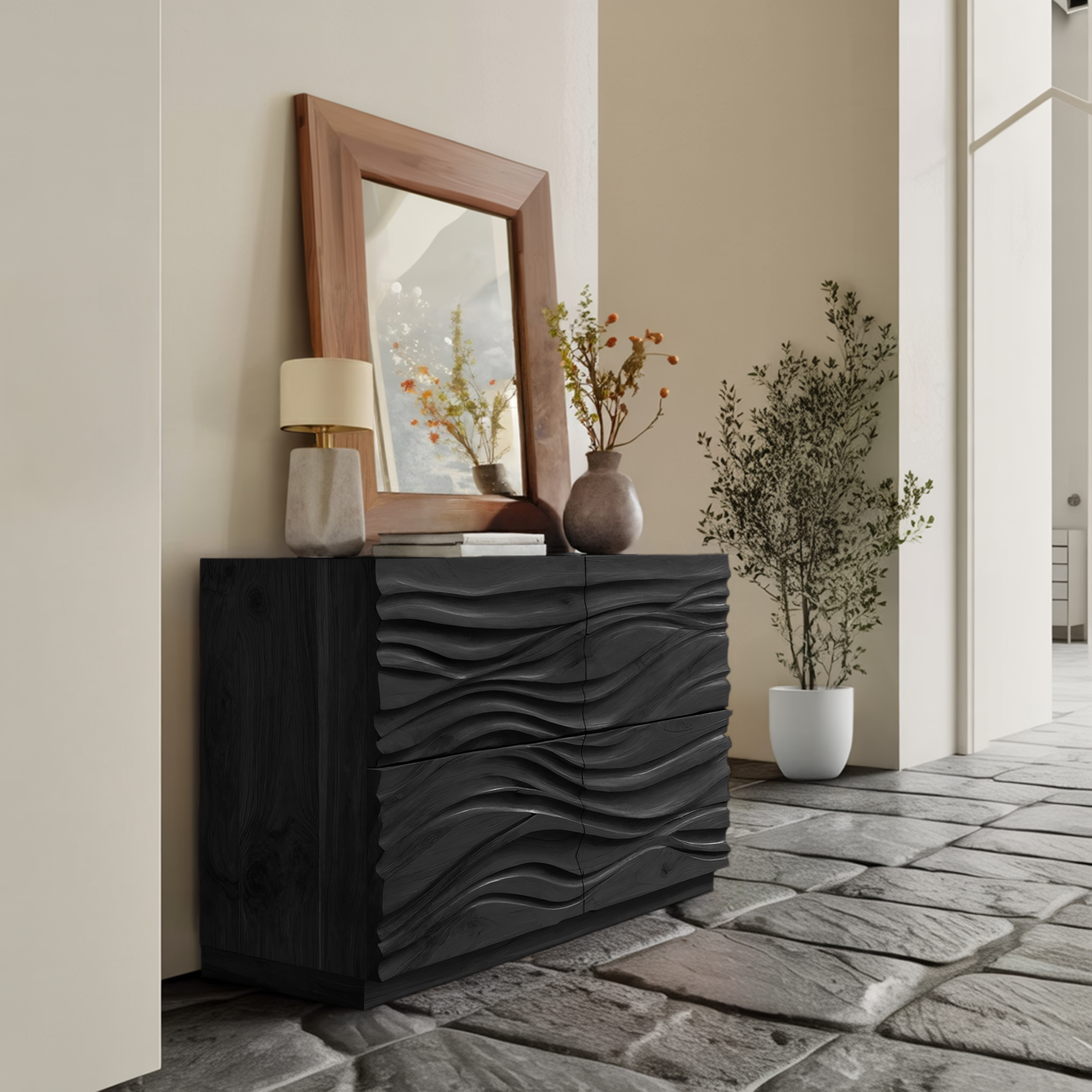 Handcrafted Sideboard Carved Wave Design For Living Decor