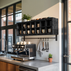 Modern Wooden Shelf With Hooks For Small Kitchen Design