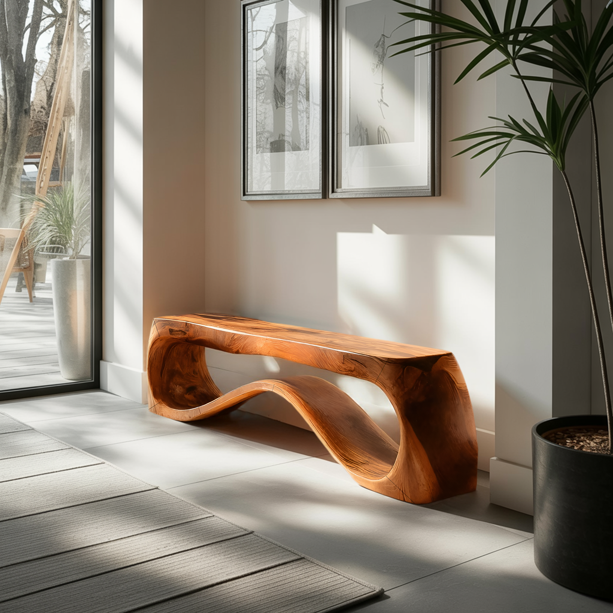 Handcrafted Style Bench With Sculptural Curves For Home