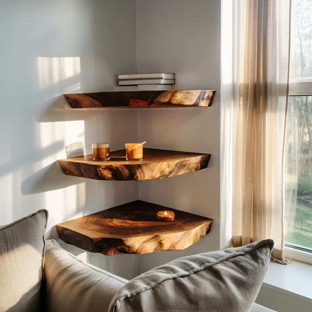 Modern Handcrafted Solid Wood Corner Shelf For Furniture Decor And Living Room